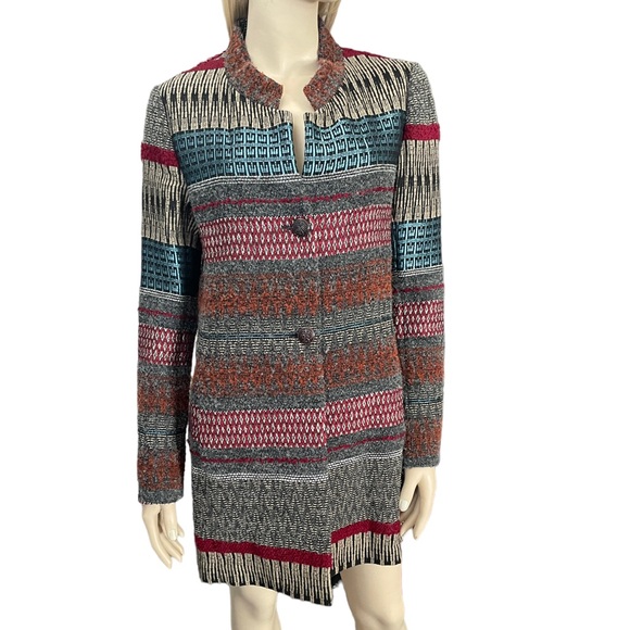 RIANI Aztec Print Long Jacket In Grey Burgundy & Turquoise - Picture 2 of 11